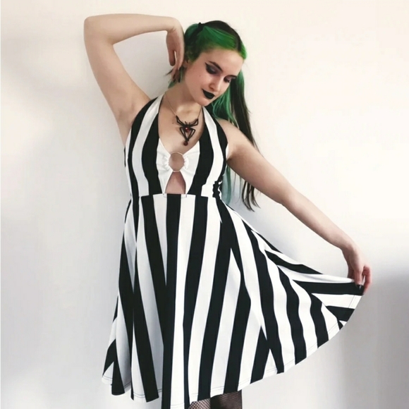 Sourpuss Dresses & Skirts - SOURPUSS CLOTHING STRIPES PEEKABOO HALTER DRESS BLACK/WHITE